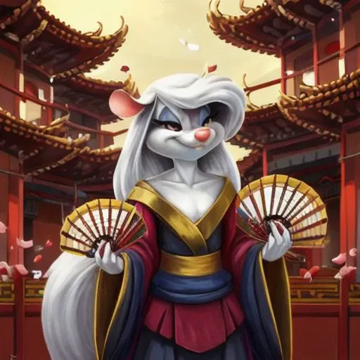 Minerva Mink (Animaniacs), <lora:CourtesanT-15:1>, CourtesanT, eastern architecture, falling petals, folded fan, hand fan, holding, best quality, masterpiece, highres