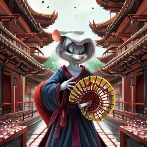 Minerva Mink (Animaniacs), <lora:CourtesanT-15:1>, CourtesanT, eastern architecture, falling petals, folded fan, hand fan, holding, best quality, masterpiece, highres