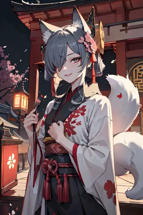 masterpiece, best quality, IncrsAhriCoven, fox tail, multiple tails, (facial mark:0.8), hair over one eye, upper body, evil smile, CourtesanT, eastern architecture, falling petals,