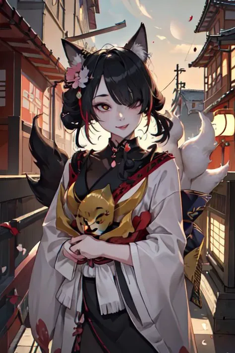 masterpiece, best quality, IncrsAhriCoven, fox tail, multiple tails, (facial mark:0.8), hair over one eye, upper body, evil smile, CourtesanT, eastern architecture, falling petals,