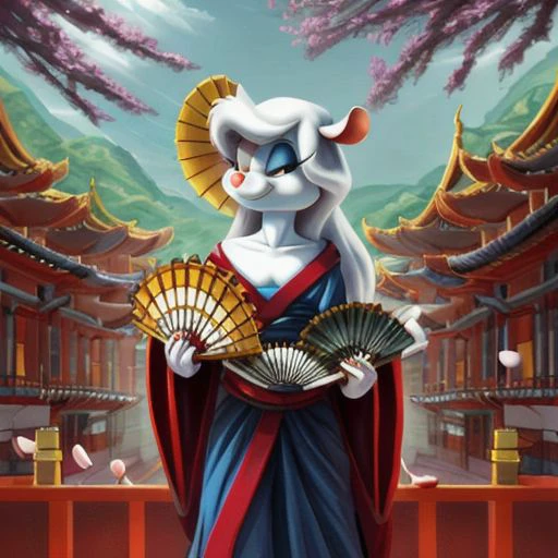 Minerva Mink (Animaniacs), <lora:CourtesanT-15:1>, CourtesanT, eastern architecture, falling petals, folded fan, hand fan, holding, best quality, masterpiece, highres