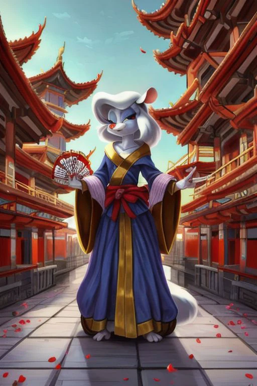 Minerva Mink (Animaniacs), <lora:CourtesanT-15:1>, CourtesanT, eastern architecture, falling petals, folded fan, hand fan, holding, best quality, masterpiece, highres