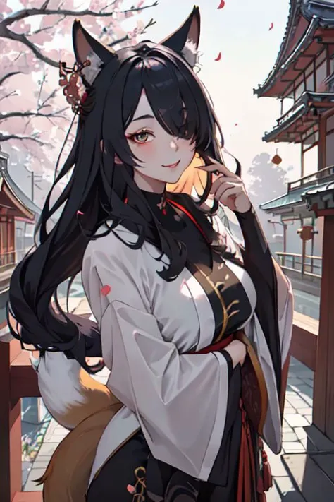 masterpiece, best quality, IncrsAhriCoven, fox tail, multiple tails, (facial mark:0.8), hair over one eye, upper body, evil smile, CourtesanT, eastern architecture, falling petals,