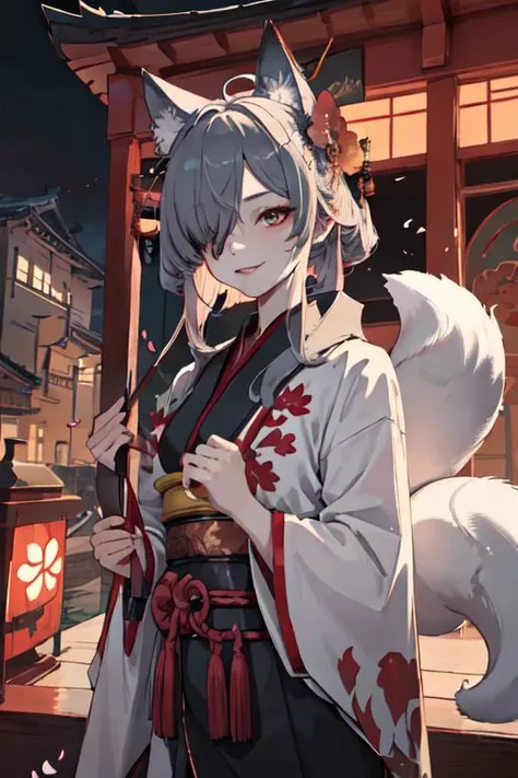 masterpiece, best quality, IncrsAhriCoven, fox tail, multiple tails, (facial mark:0.8), hair over one eye, upper body, evil smile, CourtesanT, eastern architecture, falling petals,