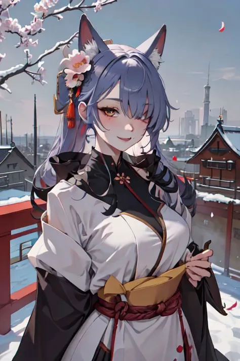 masterpiece, best quality, IncrsAhriCoven, fox tail, multiple tails, (facial mark:0.8), hair over one eye, upper body, evil smile, CourtesanT, eastern architecture, falling petals,