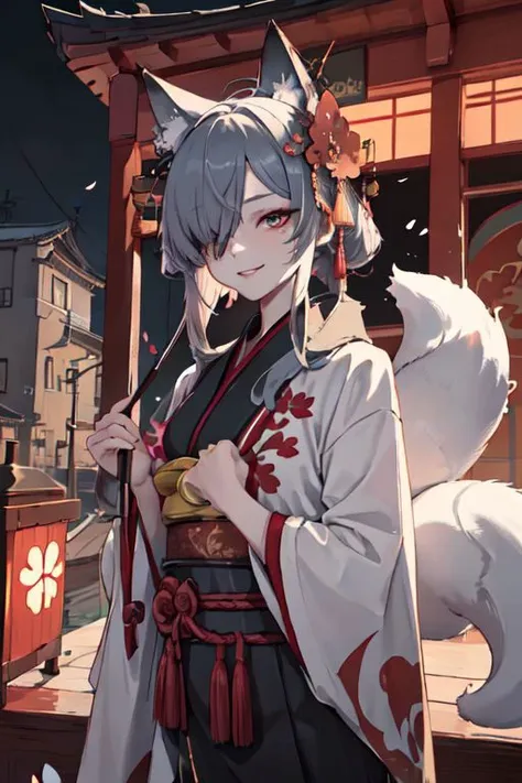 masterpiece, best quality, IncrsAhriCoven, fox tail, multiple tails, (facial mark:0.8), hair over one eye, upper body, evil smile, CourtesanT, eastern architecture, falling petals,