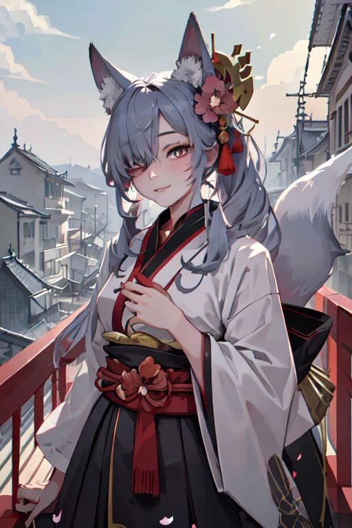 masterpiece, best quality, IncrsAhriCoven, fox tail, multiple tails, (facial mark:0.8), hair over one eye, upper body, evil smile, CourtesanT, eastern architecture, falling petals,