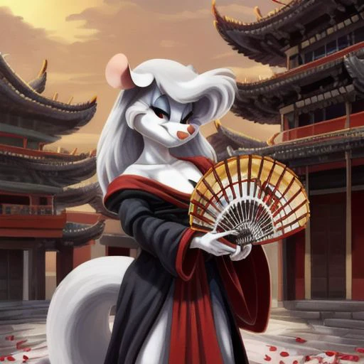 Minerva Mink (Animaniacs), <lora:CourtesanT-15:1>, CourtesanT, eastern architecture, falling petals, folded fan, hand fan, holding, best quality, masterpiece, highres