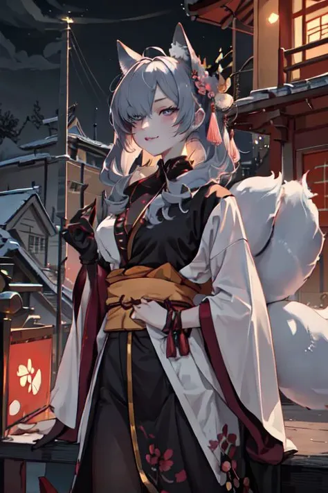 masterpiece, best quality, IncrsAhriCoven, fox tail, multiple tails, (facial mark:0.8), hair over one eye, upper body, evil smile, CourtesanT, eastern architecture, falling petals,