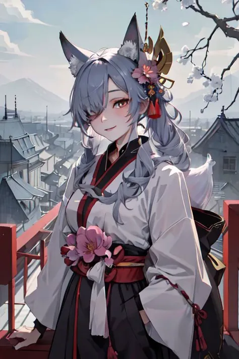 masterpiece, best quality, IncrsAhriCoven, fox tail, multiple tails, (facial mark:0.8), hair over one eye, upper body, evil smile, CourtesanT, eastern architecture, falling petals,