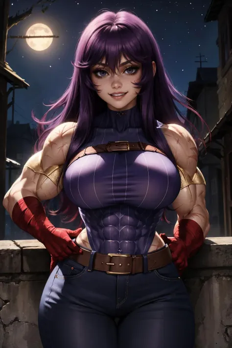 masterpiece, best quality, <lora:ramia-nvwls-v1-000010:0.9> ramia, purple hair, scar, bandages, ribbed sweater, leotard, belt, pants, looking at viewer, large breasts, furrowed brow, night, smile, teeth, glowing eyes, muscular