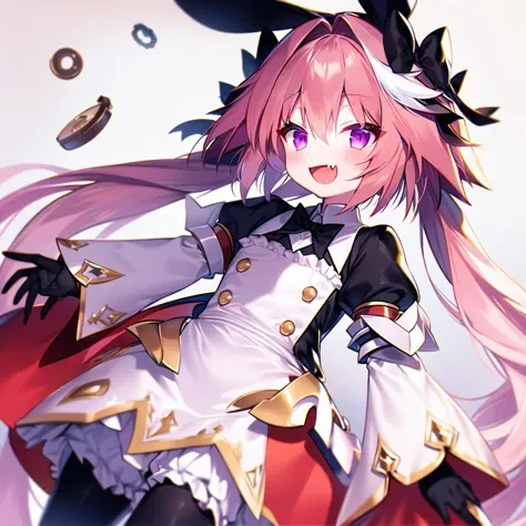 1boy, otoko no ko, male focus, solo, masterpiece, best quality, illustration, absurdres, cute, film_grain, extremely detailed face, perfect lighting, smile, cowboy shot, <lora:astolfo_saber:0.8>, long hair, pink hair, blush, bangs, hair between eyes, twintails, purple eyes, white hair, hair bow, bow, ribbon, hair ribbon, multicolored hair, streaked hair, black ribbon, low twintails, hair intakes, skin fang, rabbit, rabbit hair ornament, astolfo (saber) (third ascension), skirt, gloves, long sleeves, dress, black gloves, puffy sleeves, wide sleeves, bowtie, black dress, wing collar, black bow, buttons, skirt, white skirt, wing collar, juliet sleeves, black bowtie, layered skirt, pantyhose, black pantyhose, thighhighs, black thighhighs , smile, open mouth, fang,