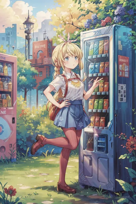Lammis, Indigo sheer outfit, Red tights, with flowers, One hand on hip pose, skirt lift, blonde hair ponny tail, valley background (with an vending machine:1.3), doodle art <lora:add_detail:0.8> <lora:TUYA5:0.5> <lora:Lammis:0.7>