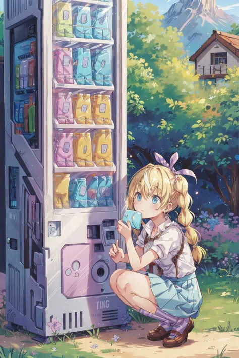 Lammis, Plum fishnet outfit, Yellow tights, with flowers, Seated pose, showing the back, blonde hair ponny tail, valley background (with an vending machine:1.3), doodle art <lora:add_detail:0.8> <lora:TUYA5:0.5> <lora:Lammis:0.7>