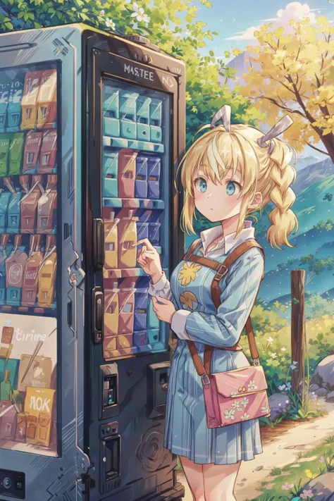 Lammis, Mint stripped outfit, Slate tights, with flowers, Crossed arm pose, caring herself, blonde hair ponny tail, valley background (with an vending machine:1.3), doodle art <lora:add_detail:0.8> <lora:TUYA5:0.5> <lora:Lammis:0.7>