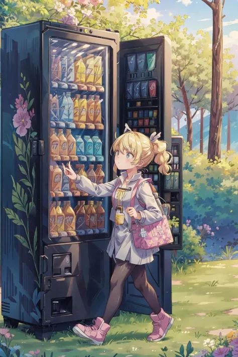 Lammis, Black thick outfit, Gray tights, with flowers, Walking pose, showing the back, blonde hair ponny tail, valley background (with an vending machine:1.3), doodle art <lora:add_detail:0.8> <lora:TUYA5:0.5> <lora:Lammis:0.7>
