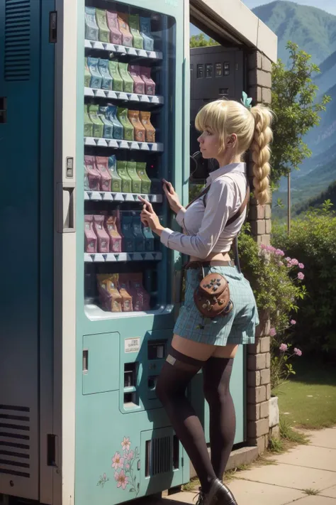 Lammis, Mint grid outfit, Indigo tights, with flowers, Leaning on one leg pose, caring herself, blonde hair ponny tail, valley background (with an vending machine:1.3), doodle art <lora:add_detail:0.8> <lora:TUYA5:0.5> <lora:Lammis:0.7>