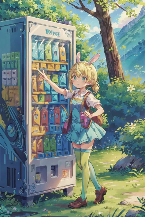 Lammis, Turquoise lycra outfit, Green tights, with flowers, Pointing pose, cumming, blonde hair ponny tail, valley background (with an vending machine:1.3), doodle art <lora:add_detail:0.8> <lora:TUYA5:0.5>  <lora:Lammis:0.7>