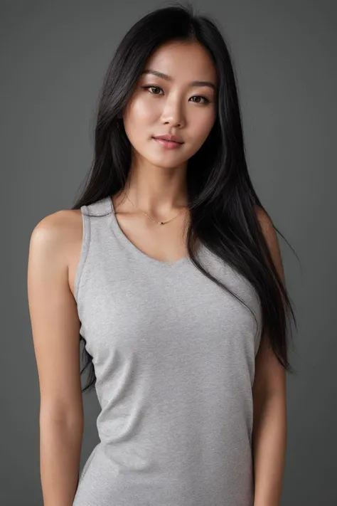 photorealistic photo of mlnhe, a woman, grey sleeveless shirt, simple background, realistic, (masterpiece:1.1), (best quality:1.1), beautiful, (intricate details), unity 8k wallpaper, ultra detailed, aesthetic, perfect lighting, <lora:mlnhe-000004:0.8>