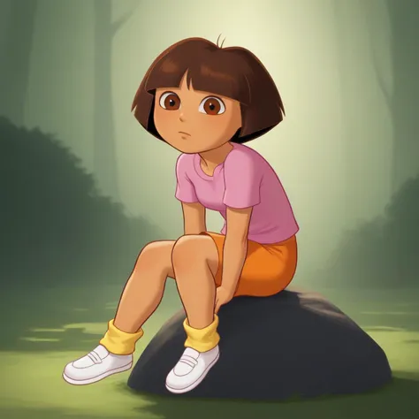 score_7_up, BREAK,  1girl, solo, Dora, short hair, brown hair, brown eyes, tan, pink shirt, short sleeves,  orange shorts, white shoes, yellow socks,  <lora:DoraTheExplorer_XL_Leaf2:1>,  forest, sitting, sitting on rock