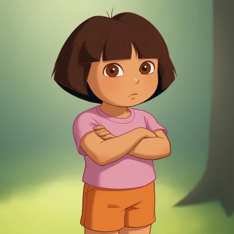 score_7_up, BREAK,  1girl, solo, Dora, short hair, brown hair, brown eyes, tan, pink shirt,  orange shorts, child,  <lora:DoraTheExplorer_XL_Leaf2:1>, cowboy shot, forest, crossed arms,