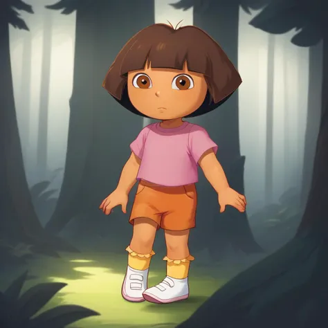 score_7_up, BREAK,  1girl, solo, Dora, short hair, brown hair, brown eyes, tan, pink shirt,  orange shorts, <lora:DoraTheExplorer_XL_Leaf3:1>, forest,  white footwear, socks