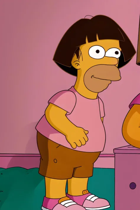 (best quality, masterpiece:1.1), insanely detailed, absurdres, <lora:DoraTheExplorer_Leaf2:0.7> 1man, solo, (Dora, short hair, brown hair), brown eyes, dark-skinned, tan, pink shirt, shorts, indoor, <lora:homer simpson_v4.0_:1> homer simpson, cel shading, fat, humanoid, smirk