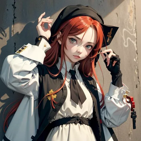 (masterpiece), 1girl, (long hair:red hair:ringed eyes:black necktie), graffiti on temple wall, looking at camera, Priestess, natsume, demon hunter, shiren maiden, mature, face scars <lora:bridget:1>