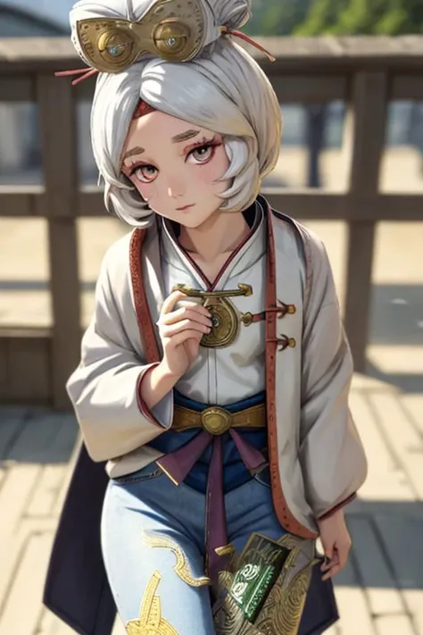 1girl, solo, cowboy shot, seiza, white hair, white eyes, blue jeans,white jacket, pantyhose, blush, looking at viewer, outside,, weird atmosphere, (best quality:1.1), (masterpiece:1.2), high quality shadow, beautiful detailed, (high detailed skin, skin details), (wide_landscape, 8k), beautiful face, detailed eyes, depth of field, dramatic light, best quality, highres, best shadow, best illumination,, depth_of_field, blurry, blurry_background, blurry_foreground, motion_blur, old japan,
bottom view at the image, standing, mad with money,
(small chest:1.2)