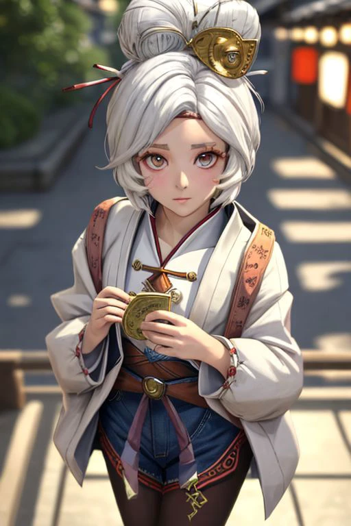 1girl, solo, cowboy shot, seiza, white hair, white eyes, blue jeans,white jacket, pantyhose, blush, looking at viewer, outside,, weird atmosphere, (best quality:1.1), (masterpiece:1.2), high quality shadow, beautiful detailed, (high detailed skin, skin details), (wide_landscape, 8k), beautiful face, detailed eyes, depth of field, dramatic light, best quality, highres, best shadow, best illumination,, depth_of_field, blurry, blurry_background, blurry_foreground, motion_blur, old japan,
bottom view at the image, standing, mad with money,
(small chest:1.2)