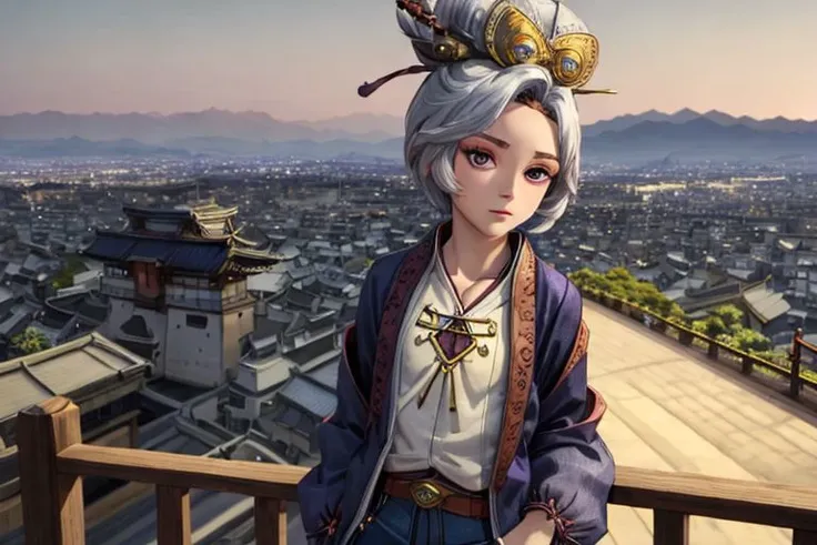 (best quality:1.1), (masterpiece:1.2), high quality shadow, beautiful detailed, (high detailed skin, skin details), (wide_landscape, 8k), beautiful face, detailed eyes, old japan, whitw hair, dark blue jean shorts, purple jacket,
view from below angel, standing, mad look, a large Japanese city background,
(small chest:1.2)