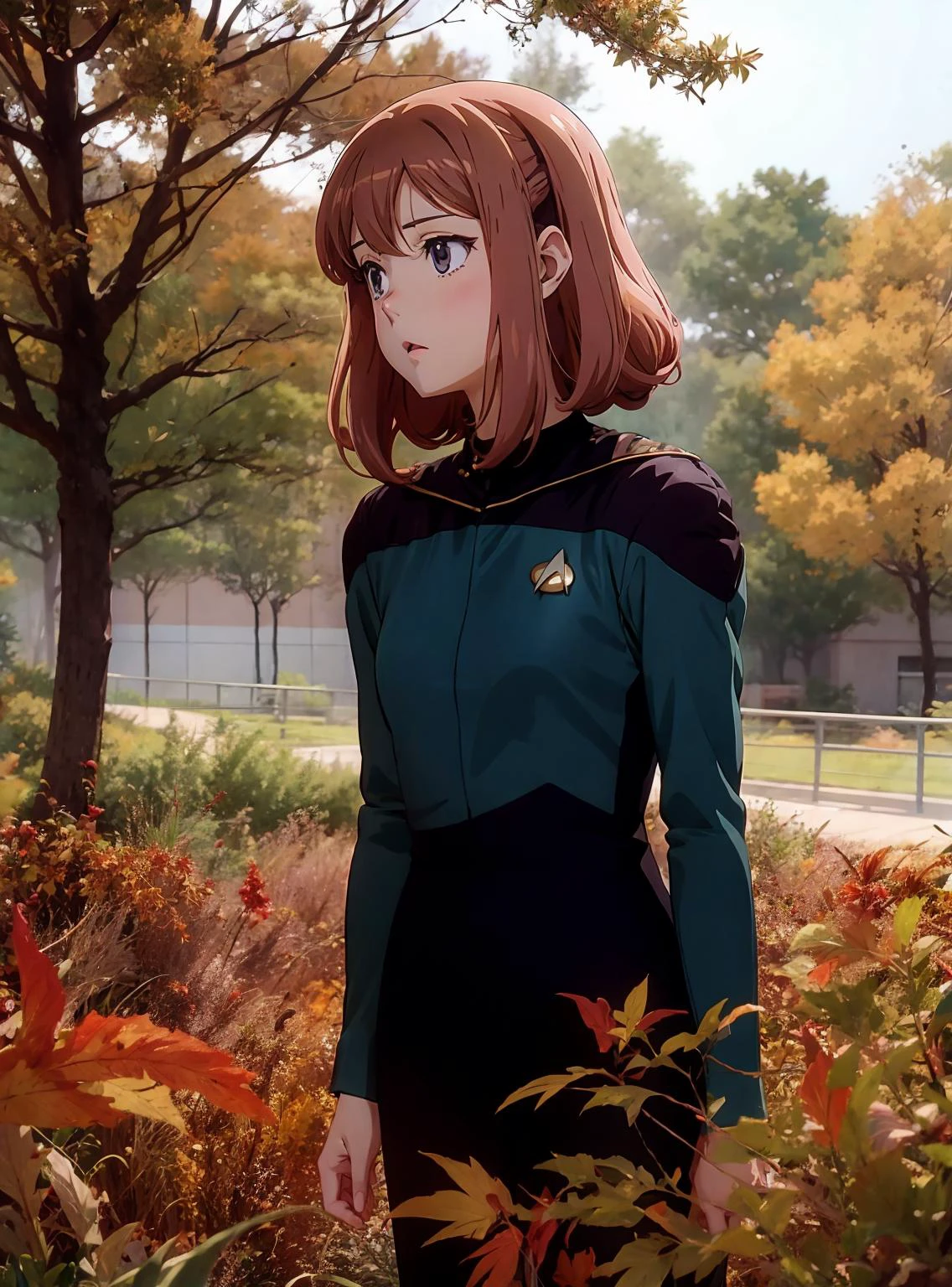(anime:1.5), 1girl, autumn,trekngs1 blue uniform <lora:STNGV3new:0.8>