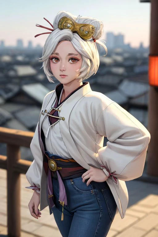 1girl, solo, cowboy shot, seiza, white hair, white eyes, blue jeans,white jacket, pantyhose, blush, looking at viewer, outside,, weird atmosphere, (best quality:1.1), (masterpiece:1.2), high quality shadow, beautiful detailed, (high detailed skin, skin details), (wide_landscape, 8k), beautiful face, detailed eyes, depth of field, dramatic light, best quality, highres, best shadow, best illumination,, depth_of_field, blurry, blurry_background, blurry_foreground, motion_blur, old japan,
bottom view at the image, standing, mad with money, a large Japanese city background,
(small chest:1.2)