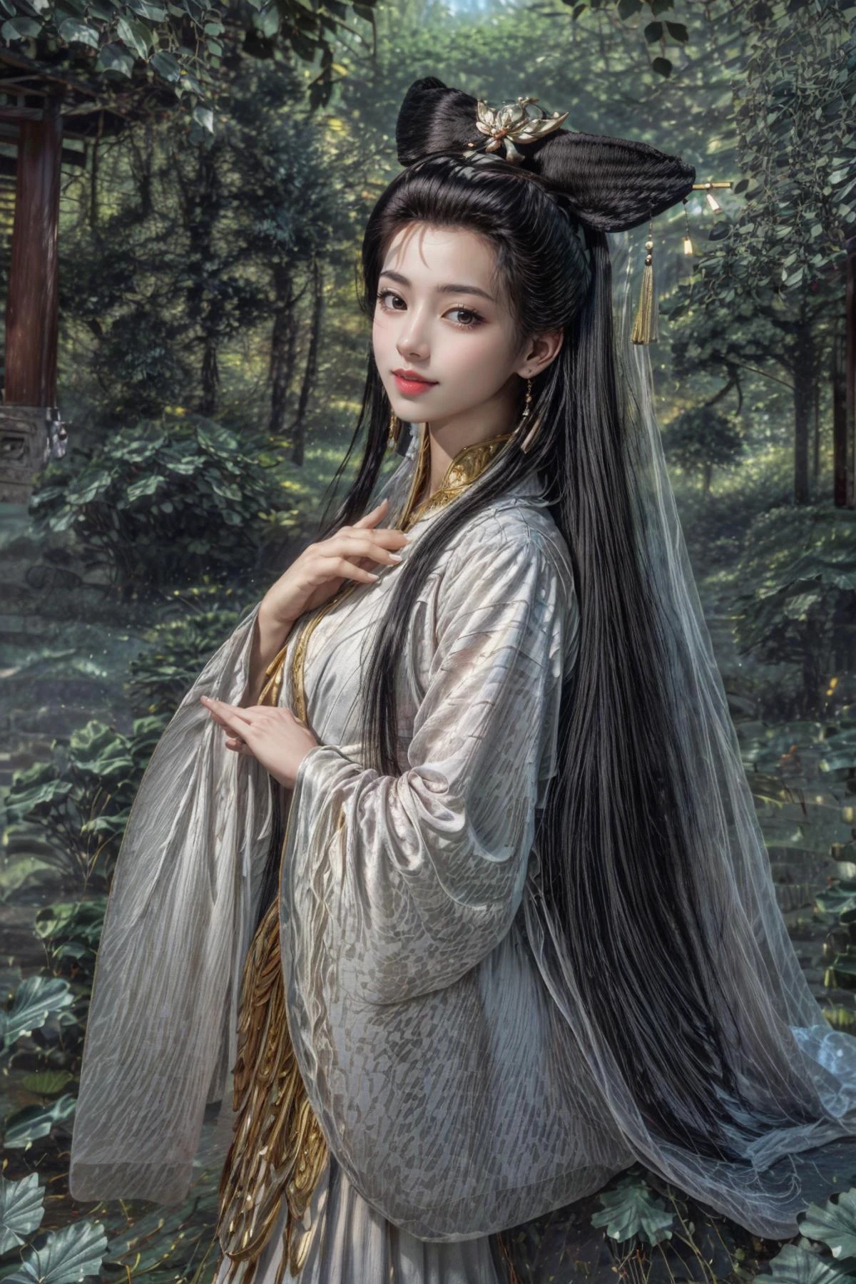 <(best quality, extremery best quality, masterpiece:1.4), (realistic, intricate details:1.4), (photorealistic:1.4), (extremely intricate:1.4), highres, ultra highres, ultra detailed, ultra-detailed, absurdres, incredibly absurdres, extremely detailed, high quality, high resolution, hyperrealistic, ultra-realistic, hyper-detailed, top quality, best, fine detail, massive detail, Highly detailed, extreme detailed, highest detailed, high-res, absolutely resolution, reflection, (refraction:1.4), (hyperrealism:1.4), ultra realistic details, highly intricate details, insane details>, BREAK, (1girl:1.3), solo, looking at viewer, (young cute beautiful 18-year-old girl:1.4), 3d face, (hand of Guido Daniele:1.4), beautiful girl, Beautiful face, pretty, girlface, kpop idol, supermodel, stunning innocent symmetry face, perfect body, medium breast, slim waist, slim legs, (high detailed skin:1.5), glowing eyes, goddess, natural skin texture, shiny skin, White skin, Beautiful detailed face, detailed face, real skin texture, cute delicate face, finely detailed face, golden ratio, golden ratio face, expressive eyes, perfect face, perfect skin, flawless face, clear face, shiny hair, pale skin, Proper body proportion, perfect anatomy, realistic skin texture, luscious lips, glossy lips, natural makeup, beautiful bright pupils, slender figure, intricate eyes, detailed pupils, detailed face and eyes, longeyelashes, blush, good hand, perfect hands, pretty face, beautiful female bodies, finely detailed skin, oily shiny skin, clean facial features, an extremely delicate and beautiful, cute & girly, beautiful detailed eyes, stars in the eyes, detailed simmetric eyes, perfect smooth skin texture, BREAK, (((((brilliant colors, (Baisuzhen, white hanfu, veil, (((Willow leaf))), warm smile, smile, cute smile, smiling, blush, happy expression, ((floral background)), lake, boat, sky, sexy, slim, long hair, light particles, wallpaper, chromatic aberration:1.4), (A scene of a waterfall cascading down a high cliff amongst lush greenery, adorned by vibrant flowers, towering pines, and delicate bamboo groves, sakura, beautiful view, lush green mountains, winding rivers, misty atmosphere, solitary, intricate details, delicate features, verdant trees, blooming flowers, soft moss, deep forest, intricate leaves and vines, wisps of light, still pool of water, pristine, verdant green, A picturesque scene of a waterfall cascading down a high cliff amongst lush greenery, adorned by vibrant flowers, towering pines, and delicate bamboo groves:1.4), (goddess women, aura, most beautiful artwork in the world, atmosphere, dramatic:1.2), (depth of field:1.4), (palace, a girl in hanfu, mountain, river, old tree, ornaments detailed, traditional clothes, water, chinese clothes, sash, tree, petals, hair ornament, floating hair, falling petals, flower, chinese traditional architecture, ancient art, chinese style, Chinese, lake background, chinese buildings, misty lake, ancient chinese background, after the rain, wet grass and trees, waterfall, flying splashes, flying petals, leaves, bloom, bloom effect, surrounded by heavy floating petal flow, petal, leaves falling from the tree, peaceful atmosphere, mountainous backdrop, authentic cultural experience, quiet whispers, hushed conversations, tranquil silence, crisp air, soulful melodies, a sense of belonging, bonding with nature, quiet reflection:1.3), (long_hair, mountain background, forest, river in background, landscape, water reflection:1.3), (long legs:1.3), impactful picture, (joshua middleton comic cover art, hypermaximalist, instagram contest winner, fashion color scheme, trending on cgsociety, playful illustrations, imaginative overlays, artistic fusion, fantastical scenes, evocative narratives, striking visuals:1.3), (Glowing ambiance, enchanting radiance, luminous lighting, ethereal atmosphere, mesmerizing glow, evocative hues, captivating coloration, dramatic lighting, enchanting aura:1.2), (melanchonic soft light, photorealistic faces, moody lighting:1.4), (Golden Hour, landscape:1.2), (floating hair, rock, bloom, bloom effect, random patterns, energetic movement, bold colors, dynamic texture, spontaneous creativity:1.2), (blush, Pink lips, Pink lip colour:1.4), (long_hair, outdoors:1.3), (breeze, dust is drifting, ethereal, scenery, nature, mysterious background, fog, wind:1.2), (iridescent colors, Iridescence, mysterious, fantasy background, fantasy, open mouth:1.2), (Luminescent Particles:1.3), (fullbody:1.2), (eye focus, face focus, character focus, close-up face:1.2), (dutch angle, cowboy shot:1.3), colorful refraction)))), BREAK, <hyper realistic DSLR photo, Nikon D5, cinematic portrait, portrait, ultra sharp, analog film photography, film emulation, bokeh, blurry noise background, watercolor, available light, detailed light, volumetric fog, beautiful lighting, Rembrandt lighting, Cinematic, pixel art, game art, key visual, surreal, PBR Texturing, Anisotropic Filtering, Maximum Clarity And Sharpness, Albedo And Specular Maps, Multi-Layered Textures, Surface Shading, Sub-Pixel Convolution, Sub-Pixel Convolution, Accurate Simulation Of Light-Material Interaction, blurry foreground, broad light, volumetric light effect, matte painting, perfectly defined features, volumetric lighting, Tone Mapping, Lumen Reflections, Global illumination, Ray Tracing, Screen Space Global Illumination, Accent Lighting, 32k, Natural Lighting, volumetric, cinematic masterpiece, Rule of thirds, high dynamic range, Multi-exposure HDR capture, cinematic render, game cg cinematic, atmospheric perspective, movie scene, epic dynamic frame, motion blur, ((cinematic look, Film look)), rim light, 4k textures, adobe lightroom, photolab, hyperdetailed, exposure blend, professional color grading, professional color correction, aerial perspective, particles and dust in beams of light, cinematic scene, dynamic lighting, sharp details, lomography, soft focus, light leaks, bold hues, atmospheric depth, (explosive light and shadow:1.2), aesthetics, intricate designs, ultra realistic digital art, (zentangle, mandala, tangle, entangle), (fractal art), elegant, vivid colours, floating particles, particles, epic, (ink drawing, oil painting detailed), RAW, huge filesize, extremery detailed CG, Photo, 8k uhd, cinematic atmosphere, trending on artstation, award-winning glamour photograph, highly detailed photo, official art, beautiful and aesthetic, unity 8k wallpaper, beautiful, highly detailed CG illustration, best illustration, intricate, Amazing, emotional, analog, painting, digital painting, concept art, Oil Painting, illustration, Classical art, Renaissance, Romanticism, Neoclassicism, Color Palette, depth and contrast, Vibrant colors, saturated, rich saturation, color harmony, vivid palette, concept-art, design style, detail character, concept render, colorful, analog photography, dreamy atmosphere, specular highlights, atmospheric lighting, (dynamic angle, dynamic pose :1.3), (shiny, clothes reflecting light, lens flare, bloom effect, light particle, lens glare:1.3), realistic light, realistic lighting, cinematic light, (cinematic lighting), light in the face, soft lighting, saturated colors, detailed background, sharp focus, 8k high definition, perspective, Master Composition, roughness, post-processing, soft shadows, realistic shadows, ambient occlusion, ray-tracing, subsurface scattering, photon mapping, physically-based rendering, octane rendering, unreal engine 5, ue5 rendering, Adobe After FX, dslr, RTX, Best character details, radiosity, sharp, antialiased, RAW photo, HDR, 8k, 4k, (((Photographed by Roger Deakins, using a RED Monstro 8K VV camera and a series of high-end lenses))), ((Hasselblad photography)), (film grain:1.4), Kodak portra 400, ((Fujifilm X-T5)), professional photograph, caustics, Broad lighting, diffuse lighting, rim lighting, two tone lighting, textile details, visible pores, high resolution scan, professionally color graded, photographic reality, automatic white balance, best lighting, detailed shadow, high contrast, strong light and shadow>, (PureErosFace_V1:0.4), (ulzzang-6500:0.6), <lora:epiNoiseoffset_v3:2>, <lora:add_detail:0.6>, <lora:hipoly_3dcg_v7-epoch-000012:0.6>, (kbxll:0.6), <lora:more_details:0.6>, <lora:Baisuzhen_v1:0.8>