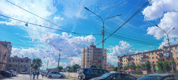 (realistic, 3d, blue_sky, building, cable, city, cityscape, cloud, cloudy_sky, condensation_trail, street light, day, horizon, house, lamppost, outdoors, power_lines, road, scenery, sky, skyline, street, town, tree, utility_pole, building, appartment, skyscraper, best quality, masterpiece, highres, extremely detailed CG, extremely detailed 8K wallpaper, extremely detailed character, an extremely delicate and beautiful portrait, portrait, solo, sharp focus, dramatic angle, cinematic lighting, (extremely delicate and beautiful:1.2):1.1)