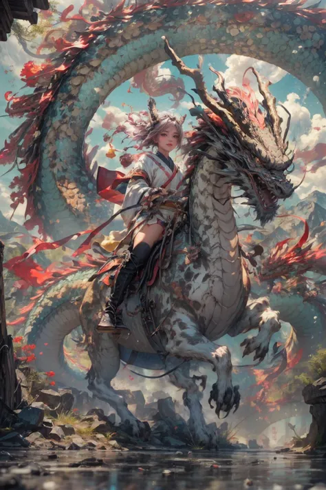 realistic, photorealistic, best quality, masterpiece, ultra high res, finely detailed, quality, realistic lighting, detailed skin, intricate details, raw photo, absurdres, highres, ultra detailed, BREAK, 1girl, solo, looking at viewer, , poster, portrait, close up, key visual, beautifu and aesthetic face, nice hands, (hand of Guido Daniele:1.5), detailed background, detailed face, (riding monster, Riding a dragon:1.5), (film view, Exaggerated Perspective, holding lightning up in one hand, pink theme, chinesedragon, eastern dragon, Dragon Scale, Dragon Horn, Dragon Claw, dragon tongue, sharp dragon teeth, pink white dragon, pink outfit, hanfu, hanfu skirt, pink braids, white bows, thigh boots, wide sleeves, long sleeves, Chinese ancient buildings, Sunrise scenery, large sky, wide sky, mountainous area, mountains at the end of summer, fantastic, mysterious, wind powers, clouds landscape, floating, river, puddle, ripple:1.4), (detailed light, beautiful detailed glow, pink long hair, colored inner hair, pearl, pink_eyes, pink hair, clean facial features, an extremely delicate and beautiful, cute & girly, beautiful detailed eyes, stars in the eyes:1.3), (sexy, slim, large breasts, skinny, slim_legs, long legs, narrow waist, model pose:1.1), (smile, blush, Pink lips, Glowing Eyes, perfect face, detailed pupils, Makeup:1.1), (eye focus,  face focus, character focus, close-up face:1.3), (dynamic pose, dynamic angle, dutch angle,  cowboy shot:1.4), (reflection, refraction, Rembrandt lighting, diffuse lighting, radiosity, photon mapping, subsurface scattering, atmospheric lighting, dynamic lighting, Multi-exposure HDR capture, Screen Space Global Illumination, Ray Tracing, Lumen Reflections, Tone Mapping, volumetric lighting, Circular polarizer, broad lighting, dramatic lighting, moody lighting:1.3), (explosive light and shadow, lens flare, light particle, lens glare, light particles, Luminescent Particles, floating particles, particles:1.2), (depth of field, blurry foreground, sharp focus, perspective, aerial perspective, film grain, film:1.4), (colorful refraction, iridescent colors, Iridescence:1.1), (dark studio, rim lighting, two tone lighting, dimly lit, low key, rim light, dark theme), (watercolor style, soft blending, dreamy washes, delicate textures, brilliant colors, action painting, gestural marks, dynamic brushwork, expressive motion, spontaneous technique, abstract expressionism, energetic compositions, action pose, vibrant glow, dynamic colors, reflective surfaces, girly style, delicate accessories, Overdetailed art, Water color painting, ornaments detailed:1.1), (atmosphere, Cosy, Peaceful, Hopeful:1.1), (Glowing ambiance, enchanting radiance, luminous lighting, ethereal atmosphere, mesmerizing glow, evocative hues, captivating coloration, enchanting aura, melanchonic soft light:1.1), official art, beautiful and aesthetic, beautiful, (zentangle, mandala, tangle, entangle), (ecstasy of flower:1.1), the most beautiful form of chaos, elegant, a brutalist designed, vivid colours, romanticism, atmospheric, warm tone, soft light, (fractal art), BREAK, delicate, Ultrarealistic, drawing, Detailed illustration, extremely detailed CG Unity 8k wallpaper, cinematic, dramatic, PBR Texturing, huge filesize, 8k uhd, octane render, unreal engine 5, BREAK, <lora:epiNoiseoffset_v3:1.65>, <lora:add_detail:0.65>, <lora:more_details:0.65>, <lora:GoodHands-beta2:1>, <lora:[LoRa] Riding Monsteræªç£é¨å£« Concept[ridingmonster]:0.65>,  <lora:ChineseDragon_v2:0.65>,  <lora:LowRA:0.65>