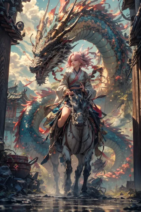 realistic, photorealistic, best quality, masterpiece, ultra high res, finely detailed, quality, realistic lighting, detailed skin, intricate details, raw photo, absurdres, highres, ultra detailed, BREAK, 1girl, solo, looking at viewer, , poster, portrait, close up, key visual, beautifu and aesthetic face, nice hands, (hand of Guido Daniele:1.5), detailed background, detailed face, (riding monster, Riding a dragon:1.5), (film view, Exaggerated Perspective, holding lightning up in one hand, pink theme, chinesedragon, eastern dragon, Dragon Scale, Dragon Horn, Dragon Claw, dragon tongue, sharp dragon teeth, pink white dragon, pink outfit, hanfu, hanfu skirt, pink braids, white bows, thigh boots, wide sleeves, long sleeves, Chinese ancient buildings, Sunrise scenery, large sky, wide sky, mountainous area, mountains at the end of summer, fantastic, mysterious, wind powers, clouds landscape, floating, river, puddle, ripple:1.4), (detailed light, beautiful detailed glow, pink long hair, colored inner hair, pearl, pink_eyes, pink hair, clean facial features, an extremely delicate and beautiful, cute & girly, beautiful detailed eyes, stars in the eyes:1.3), (sexy, slim, large breasts, skinny, slim_legs, long legs, narrow waist, model pose:1.1), (smile, blush, Pink lips, Glowing Eyes, perfect face, detailed pupils, Makeup:1.1), (eye focus,  face focus, character focus, close-up face:1.3), (dynamic pose, dynamic angle, dutch angle,  cowboy shot:1.4), (reflection, refraction, Rembrandt lighting, diffuse lighting, radiosity, photon mapping, subsurface scattering, atmospheric lighting, dynamic lighting, Multi-exposure HDR capture, Screen Space Global Illumination, Ray Tracing, Lumen Reflections, Tone Mapping, volumetric lighting, Circular polarizer, broad lighting, dramatic lighting, moody lighting:1.3), (explosive light and shadow, lens flare, light particle, lens glare, light particles, Luminescent Particles, floating particles, particles:1.2), (depth of field, blurry foreground, sharp focus, perspective, aerial perspective, film grain, film:1.4), (colorful refraction, iridescent colors, Iridescence:1.1), (dark studio, rim lighting, two tone lighting, dimly lit, low key, rim light, dark theme), (watercolor style, soft blending, dreamy washes, delicate textures, brilliant colors, action painting, gestural marks, dynamic brushwork, expressive motion, spontaneous technique, abstract expressionism, energetic compositions, action pose, vibrant glow, dynamic colors, reflective surfaces, girly style, delicate accessories, Overdetailed art, Water color painting, ornaments detailed:1.1), (atmosphere, Cosy, Peaceful, Hopeful:1.1), (Glowing ambiance, enchanting radiance, luminous lighting, ethereal atmosphere, mesmerizing glow, evocative hues, captivating coloration, enchanting aura, melanchonic soft light:1.1), official art, beautiful and aesthetic, beautiful, (zentangle, mandala, tangle, entangle), (ecstasy of flower:1.1), the most beautiful form of chaos, elegant, a brutalist designed, vivid colours, romanticism, atmospheric, warm tone, soft light, (fractal art), BREAK, delicate, Ultrarealistic, drawing, Detailed illustration, extremely detailed CG Unity 8k wallpaper, cinematic, dramatic, PBR Texturing, huge filesize, 8k uhd, octane render, unreal engine 5, BREAK, <lora:epiNoiseoffset_v3:1.65>, <lora:add_detail:0.65>, <lora:more_details:0.65>, <lora:GoodHands-beta2:1>, <lora:[LoRa] Riding Monsteræªç£é¨å£« Concept[ridingmonster]:0.65>,  <lora:ChineseDragon_v2:0.65>,  <lora:LowRA:0.65>
