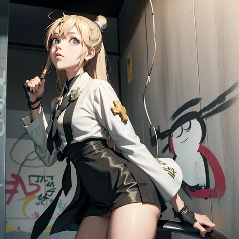 (masterpiece), 1girl, (ponytail:ringed eyes:black necktie), graffiti on wall, looking at camera, Priestess <lora:bridget:1> <lora:aa_mayafey:1>