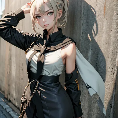 (masterpiece), 1girl, (ponytail:ringed eyes:black necktie), graffiti on wall, looking at camera, Priestess <lora:bridget:1> <lora:Kasane:0.6>