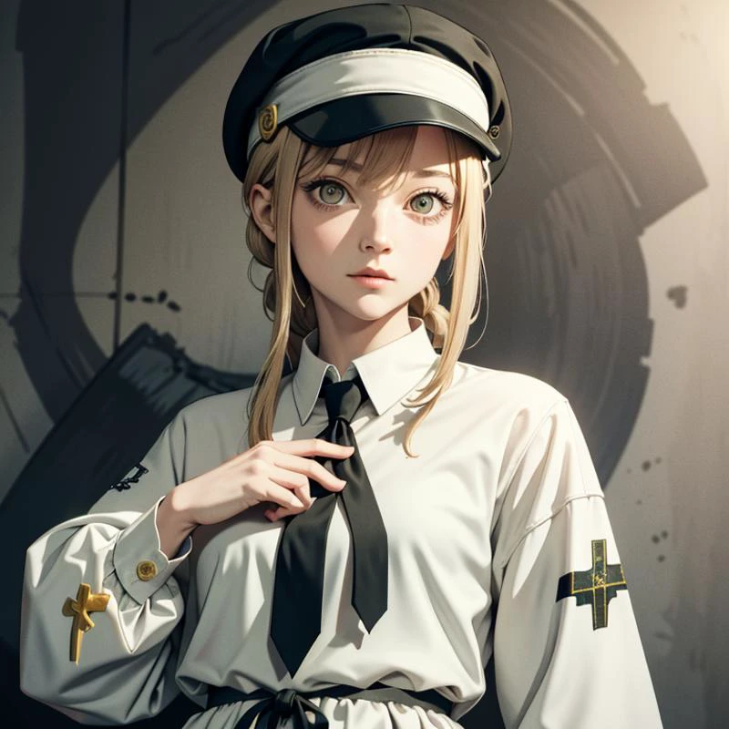 (masterpiece), 1girl, (ponytail:ringed eyes:black necktie), graffiti on wall, looking at camera, Priestess <lora:bridget:1> <lora:chainsawmakima:1>