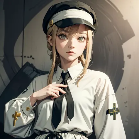 (masterpiece), 1girl, (ponytail:ringed eyes:black necktie), graffiti on wall, looking at camera, Priestess  <lora:bridget:1> <lora:chainsawmakima:1>