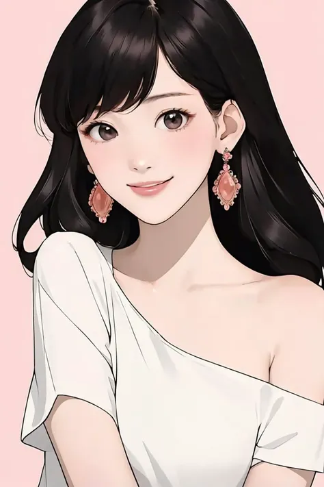 (masterpiece:1.1), best quality, vivid, Sweet girl portrait, 
1girl, solo, earrings, bangs, long hair, rose, nail polish, peach nails, medium breast, sexual appeal, High contrast, full body, black hair, medium hair, high nose, standing, smile, <lora:Ayase Haruka:1>, swept bangs, <lora:Single bare shoulder shirt:0.8>, single bare shoulder shirt long, single bare shoulder shirt short,