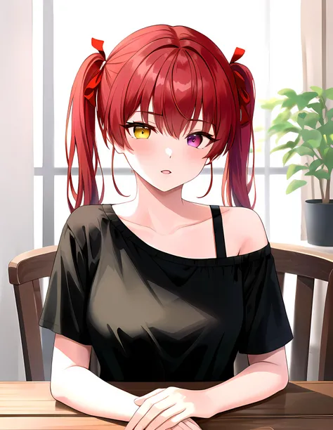 (masterpiece:1.3), (absurdres:1.3), (best quality:1.3), (ultra-detailed:1.3),(best shadow:0.7), (handled hair), pureerosface_v1, perfect anatomy, 1girl, <lora:houshouMarine_v10:0.5>, Marine, <lora:acrossTableConcept_v10:1>, elbow on table, upper body, table, heterochromia, red eye, yellow eye, large breasts, red hair, twintails, red hair ribbons, indoors, shorts, black t-shirt, off-shoulder shirt