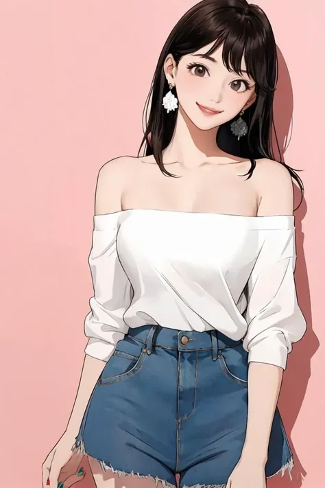 (masterpiece:1.1), best quality, vivid, Sweet girl portrait, 
1girl, solo, earrings, bangs, long hair, rose, nail polish, peach nails, medium breast, sexual appeal, High contrast, full body, black hair, medium hair, high nose, standing, smile, <lora:Ayase Haruka:1>, dutch angle, swept bangs, <lora:Single bare shoulder shirt:0.8>,  single bare shoulder shirt long, single bare shoulder shirt short,