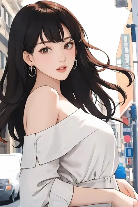 (masterpiece:1.1), best quality, vivid, Sweet girl portrait, 
1girl, solo, earrings, bangs, long hair, rose, nail polish, peach nails, medium breast, sexual appeal, High contrast, full body, black hair, medium hair, high nose, standing, <lora:Ayase Haruka:1>, swept bangs, <lora:Single bare shoulder shirt:0.8>, single bare shoulder shirt short, from_outside, from_back, parted lips, night on the street, studio lighting