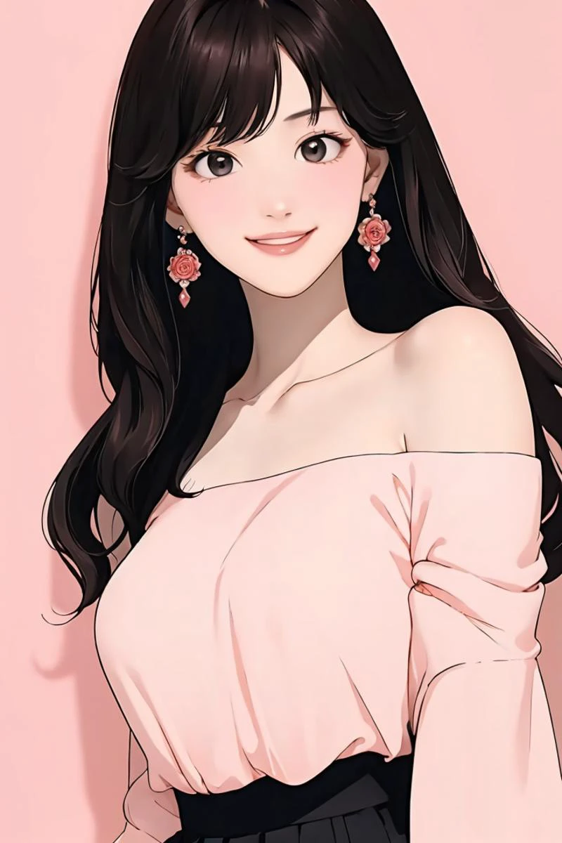 (masterpiece:1.1), best quality, vivid, Sweet girl portrait,
1girl, solo, earrings, bangs, long hair, rose, nail polish, peach nails, medium breast, sexual appeal, High contrast, full body, black hair, medium hair, high nose, standing, smile, <lora:Ayase Haruka:1>, swept bangs, <lora:Single bare shoulder shirt:0.8>, single bare shoulder shirt short, from_outside, from_back,