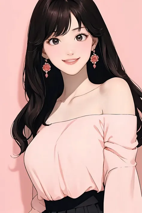 (masterpiece:1.1), best quality, vivid, Sweet girl portrait, 
1girl, solo, earrings, bangs, long hair, rose, nail polish, peach nails, medium breast, sexual appeal, High contrast, full body, black hair, medium hair, high nose, standing, smile, <lora:Ayase Haruka:1>, swept bangs, <lora:Single bare shoulder shirt:0.8>, single bare shoulder shirt short, from_outside, from_back,