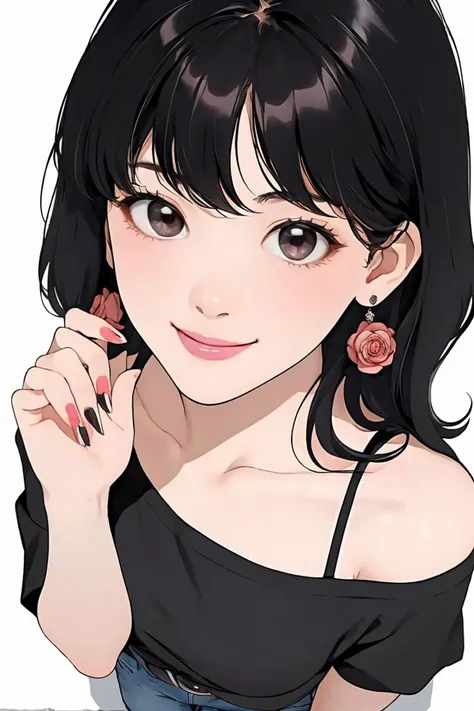 (masterpiece:1.1), best quality, vivid, Sweet girl portrait, 
1girl, solo, earrings, bangs, long hair, rose, nail polish, peach nails, medium breast, sexual appeal, High contrast, full body, black hair, medium hair, high nose, standing, smile, <lora:Ayase Haruka:1>, swept bangs, <lora:Single bare shoulder shirt:0.8>, single bare shoulder shirt short, from_above,