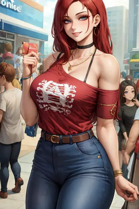 (masterpiece:1.2), (best quality:1.2), perfect eyes, perfect face, perfect lighting, 1girl, mature female, smiling, long red hair, straight hair, sophisticated haircut, stylish, single bare shoulder shirt long, music band print, jewelry, necklace, earrings, armlets, lacey choker, belt, low cut black jeans, thick eyelashes, makeup, eyeshadow, detailed mall background, crowd  <lora:singleBareShoulder_thisAintTheUsualKindOf:1>