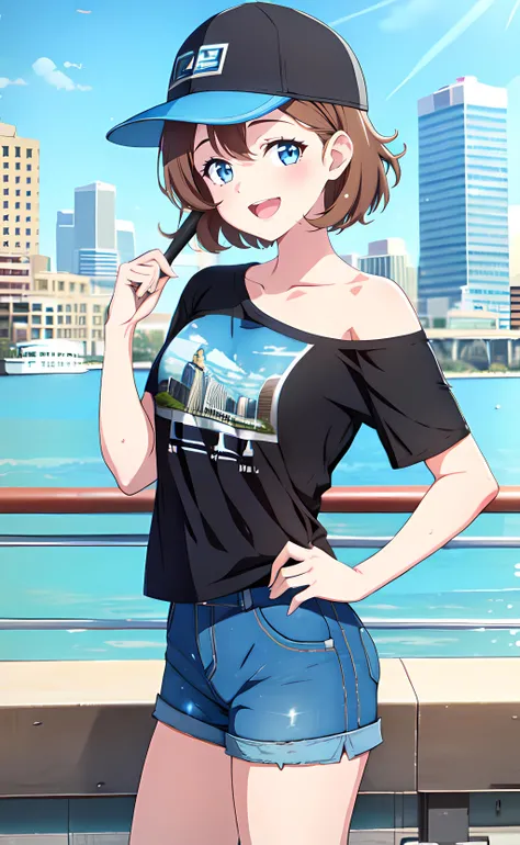 1girl, cowboy shot, standing, short hair, brown hair, blue eyes, baseball cap, black shirt, single bare shoulder shirt short, short sleeves, blue shorts, open mouth, smile, outdoors, city, cityscape, shore, water, blue sky, sunlight <lora:singleBareShoulder_thisAintTheUsualKindOf:0.6>